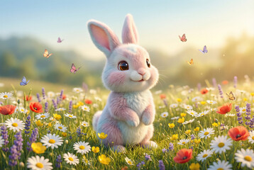 Cheerful Spring Meadow Scene Featuring Baby Bunny
