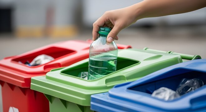 A person sorts plastic waste into different colored recycling bins