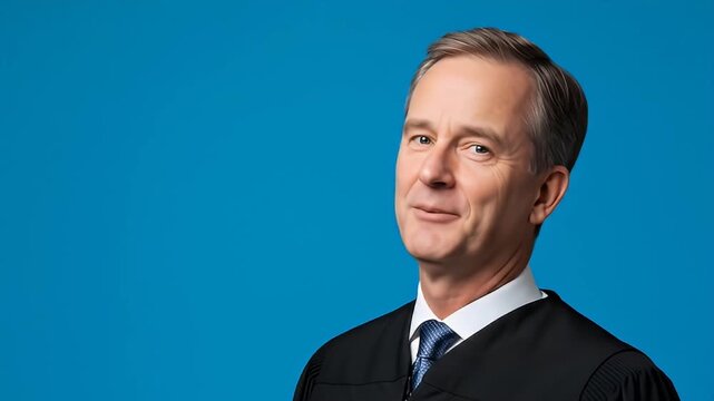 Portrait of a Judge in Robe Against Blue Background.