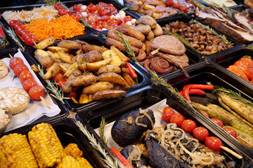 Various hot food in outdoor fast food restaurant