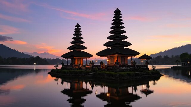 Temple on lake at sunset