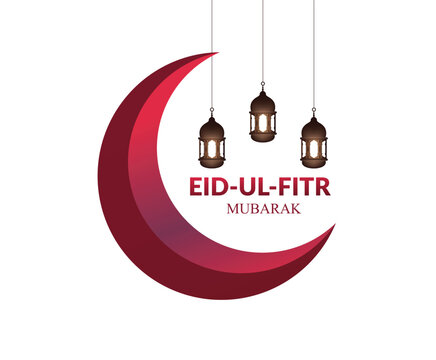 Eid ul fitr mubarak greeting with red crescent moon and hanging lanterns