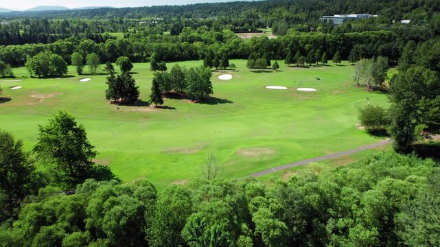 Golf Course Aerial Reveal Over Green Trees