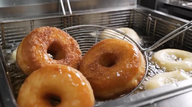 Delicious ring-shaped pastries are deep-fried in bubbling hot oil to perfection