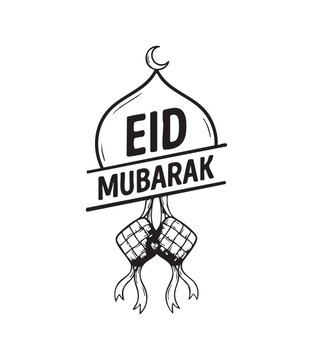 Eid mubarak greeting with crescent moon and ketupat rice cakes stamp style