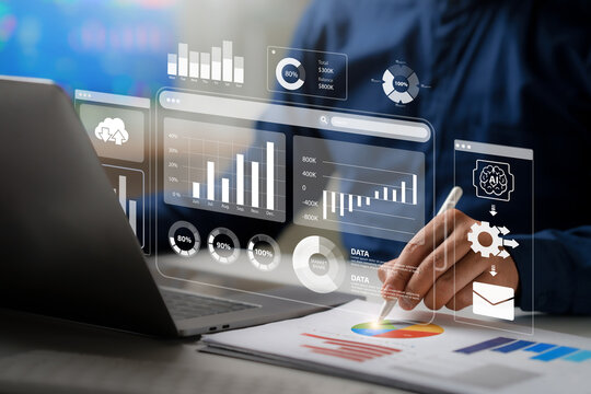Businessman analyzing financial data on a virtual dashboard with charts and graphs. Using Business Intelligence (BI) and AI for performance reporting, market analysis and strategic planning.