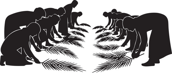 Palm sunday people gathering palm leaves branches worship vector silhouette illustration line art © Mst Raosonara
