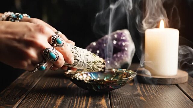 Person's hands holding a burning sage smudge stick for spiritual cleansing