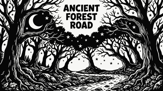 night ancient forest road landscape black and white with bright moon and visible stars across dark tree horizon showing historic stone path and celestial astronomy galaxy environment