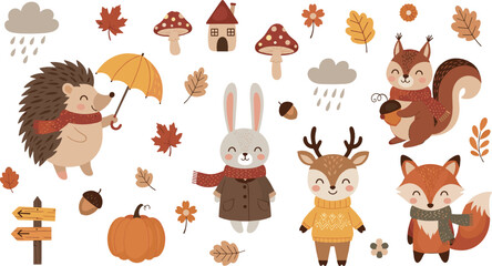Fototapeta premium Cute autumn forest animal illustration set with hedgehog, rabbit, deer, fox, squirrel, pumpkin, mushrooms, rain, and cozy fall elements for kids designs