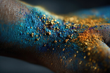 A close-up view of a person's arm covered in vibrant blue and gold glitter