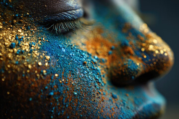 A close-up of a person's face covered in vibrant blue and gold paint