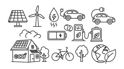 Eco-Friendly Icons: A collection of simple, yet striking line icons symbolizes the essence of sustainability, including solar panels, wind turbines, electric cars, and more. © Halima