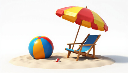 Beach chair and beach ball on the sand. 3d illustration