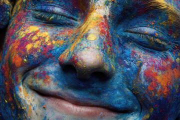 A smiling woman with colorful paint on her face and closed eyes