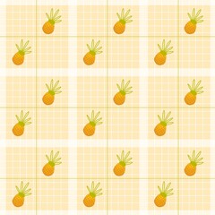Cute pineapple seamless repeat on warm beige checkered grid. Tropical summer fruit pattern for fabric, wallpaper, gift wrap, packaging, stationery and branding.