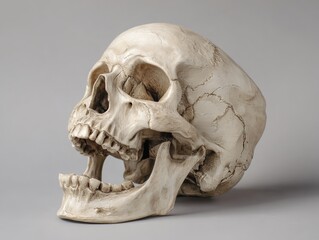 Detailed human skull with open jaw on gray background
