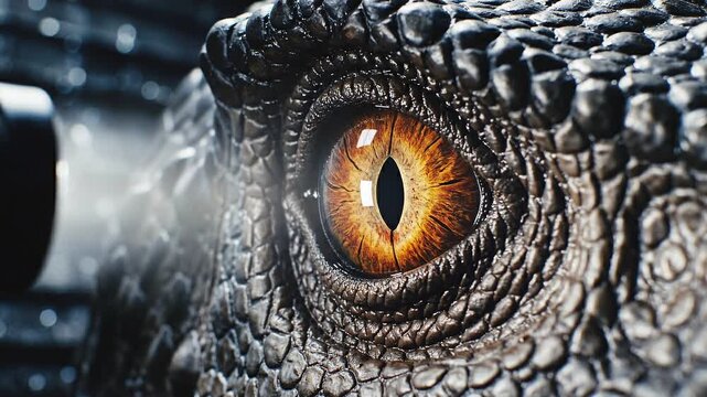 Intense Close-Up of a Predatory Dinosaur or Reptile Eye Blinking, Showing Textured Scales and Fiery Orange Iris, Threatening and Powerful