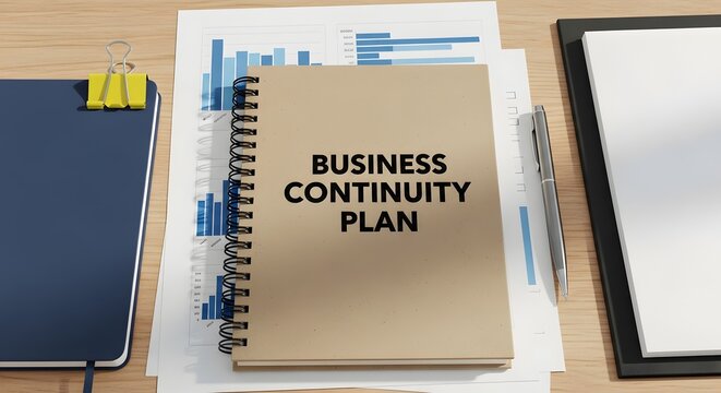 Business Continuity Plan Notebook on Desk with Documents and Laptop.
