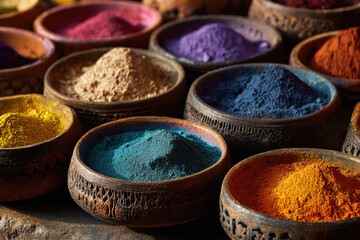 A collection of colorful powders in small wooden bowls on a table