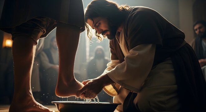 Jesus humbly washing the feet of a disciple, demonstrating an act of service and spiritual leadership in a dimly lit room.