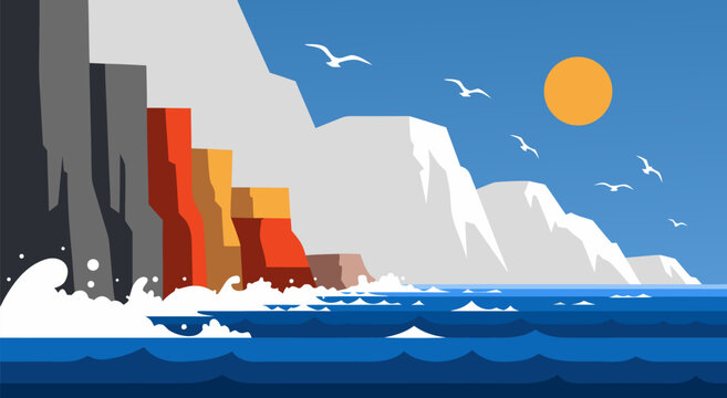 Scenic vector illustration of a coastal cliffside with waves crashing and birds flying under a sunny sky