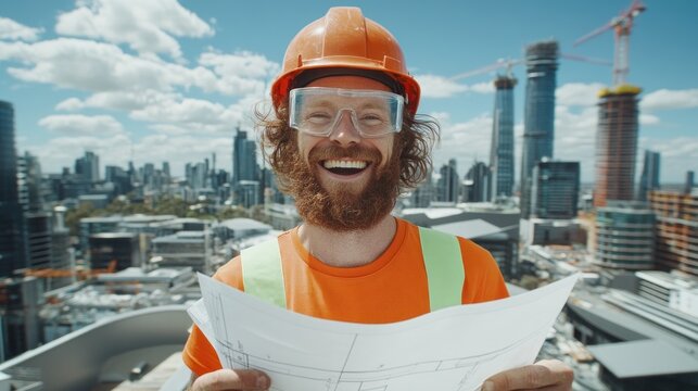 Happy construction worker reviewing blueprints on a building site.