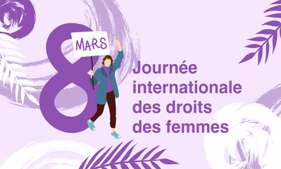 Bannière pour la journée internationale des droits des femmes. Couverture site internet avec une silhouette de femme marchant une pancarte en main et le poing levé pour manifester le 8 mars.  © Cecotine