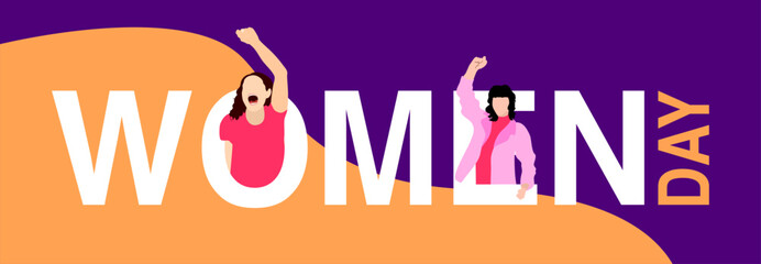 Bannière pour célébrer la journée de la femme, ou on voit des silhouettes de femmes le bras levé sortir des lettres du mot WOMEN pour manifester pour leurs droits le 8 mars © Cecotine