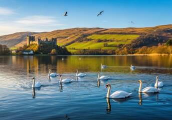 Swans swimming in a lake with a castle and rolling hills in the background under a blue sky