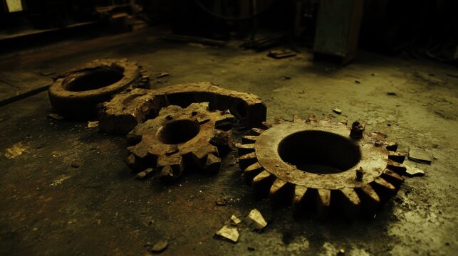 Several rusty, corroded metal gears with some missing teeth are lying scattered on a grimy industrial workshop floor, showcasing decay and forgotten machinery.