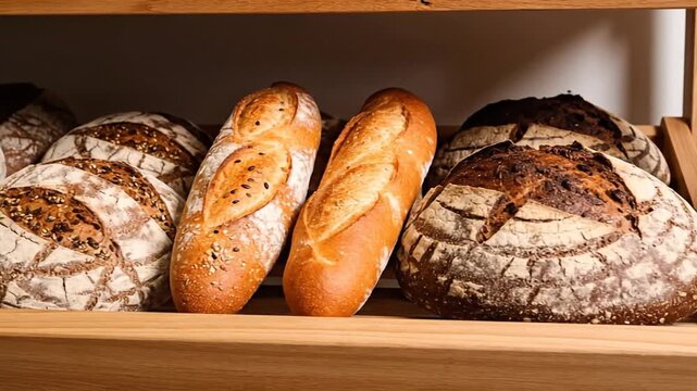 Various types of freshly baked bread arranged on wooden shelves in a bakery, ready for sale.