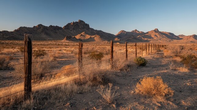 Arizona desert border landscape at golden hour: fence line, mountains, and vast sky