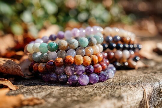 Assorted mineral bead bracelets displayed on rustic wood with leaves