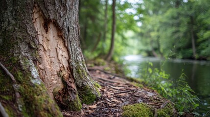 Fototapeta premium Beaver tooth marks on a fallen trunk in a tranquil woodland setting