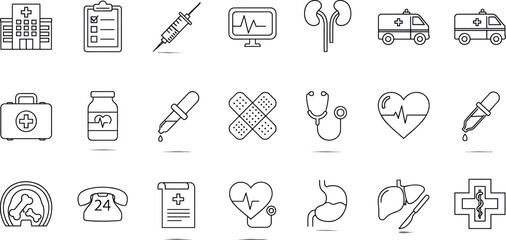 Naklejka premium Minimal line medical and healthcare icon set showing hospital equipment diagnostics cardiology emergency care and patient treatment concepts