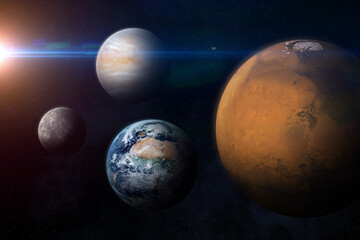 Mars, Earth, Venus, Mercury and Sun. Solar system planets. Terrestrial planets. © revers_jr