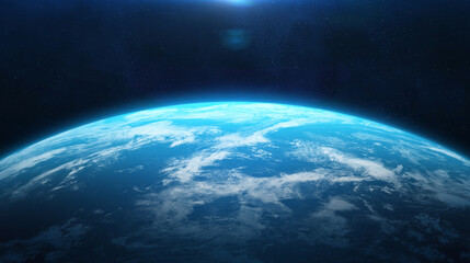 Earth in space. Amazing blue planet Earth with world ocean and clouds in outer space on a starry sky. Exoplanet in dark open space. Wide horizontally high resolution photo. © revers_jr