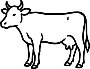 Obraz premium Minimalist Side Profile of a Standing Dairy Cow with Horns and Udder in Outline Vector