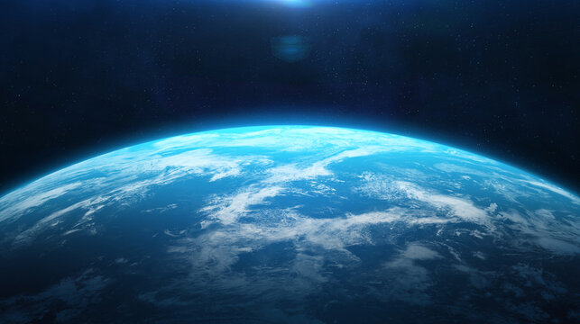 Earth in space. Amazing blue planet Earth with world ocean and clouds in outer space on a starry sky. Exoplanet in dark open space. Wide horizontally high resolution photo.