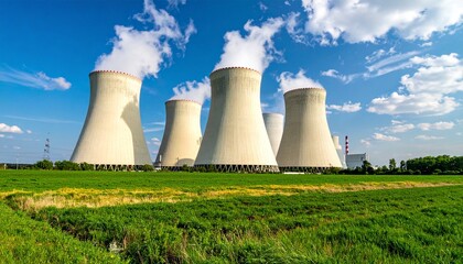 Nuclear Power Plant Cooling Towers on a Sunny Day with Blue Skies and Fluffy Clouds Clean Energy Concept.