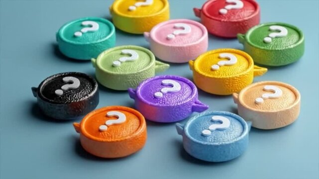 Colorful question mark objects on blue surface overhead view