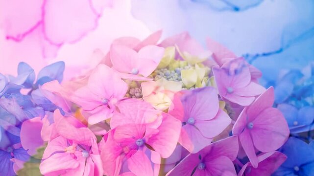 Close-up of vibrant blue and pink hydrangea flowers with a colorful background, perfect for spring.