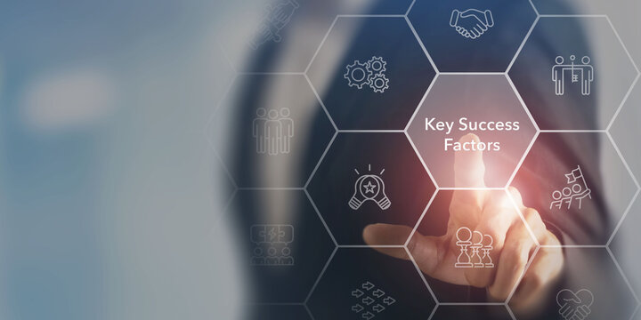Key Success Factors, Strategic Business Framework. Touching a glowing labeled Key Success Factors within a digital interface, symbolizing strategy, teamwork, performance and competitive advantage.