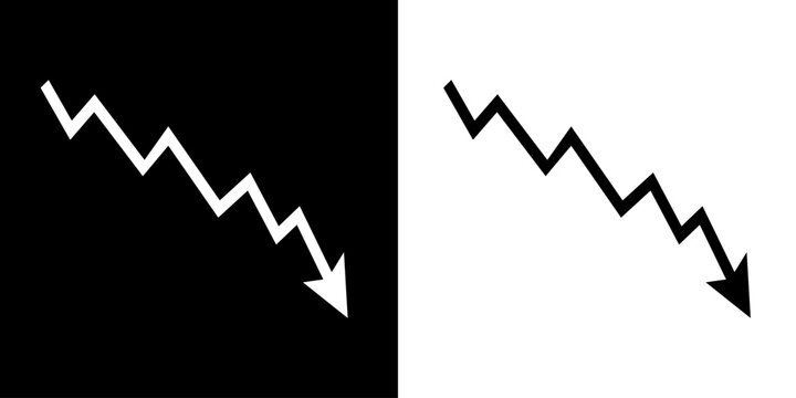 Black and white Down fall trend arrow graph, Black and white arrow chart graph in downward direction, concept of stock market fall, financial loss.