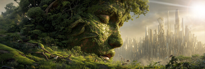 Conceptual Scene of a Human-Shaped Green Hill Observing a Smog-Covered Metropolis, Symbolizing Sustainability and the Fragile Balance Between Untouched Nature and Industrial Expansion. Generative Ai.