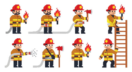 Fototapeta premium pixel art firefighters in diverse action poses with axes hoses and torches depicting emergency services for retro gaming.