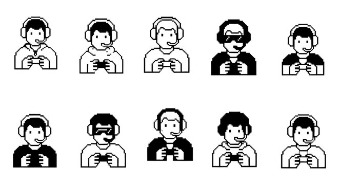 pixel art gamers wearing headsets and holding controllers ideal as retro gaming avatars or esports icons for streaming and video game projects.