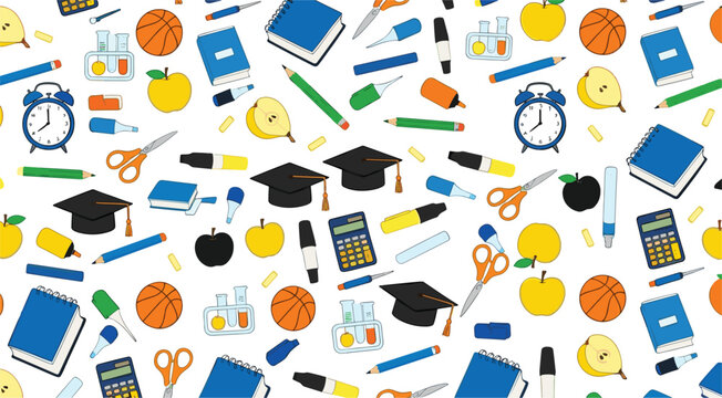 Seamless Back to School Pattern Vector with Books Graduation Caps Stationery Science Icons and Education Elements