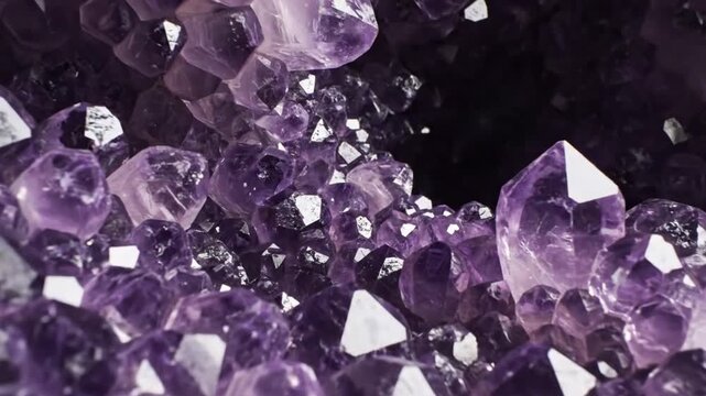 A close-up view of amethyst gemstones, showcasing their crystalline structure and deep purple hue in a dark environment